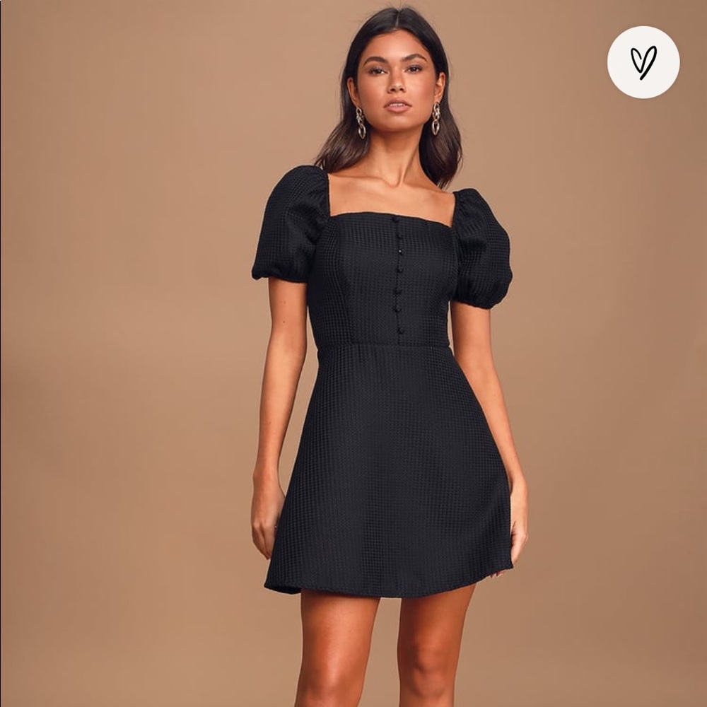 Lulu’s Cute Crush Black Puff Sleeve Mini Skater Dress